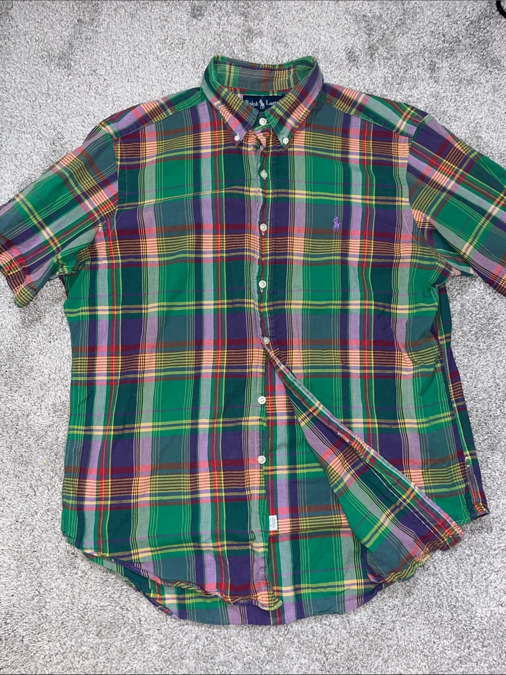 Polo Ralph Lauren Purple Green Red Indian India Madras Sewn Pony Shirt-L Classic